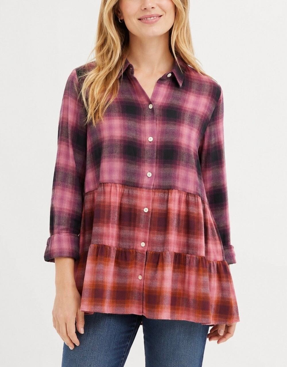 J.Jill NWT Plaid Tiered Peplum Button Front Tunic Top XS Cotton Modal Fall